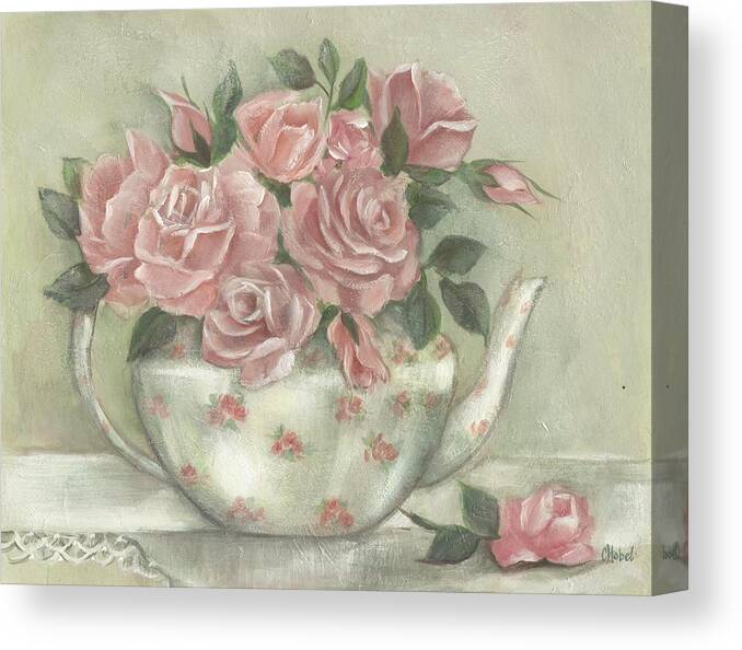 Teapot Canvas Print featuring the painting Shabby teapot rose painting by Chris Hobel