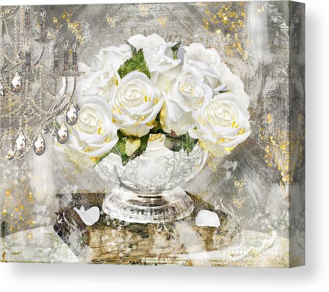 Shabby Roses Canvas Print featuring the painting Shabby White Roses with Gold Glitter by Mindy Sommers