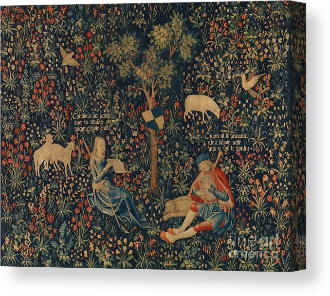Netherlandish Canvas Print featuring the tapestry - textile Shepherd and Shepherdess Making Music by Netherlandish School