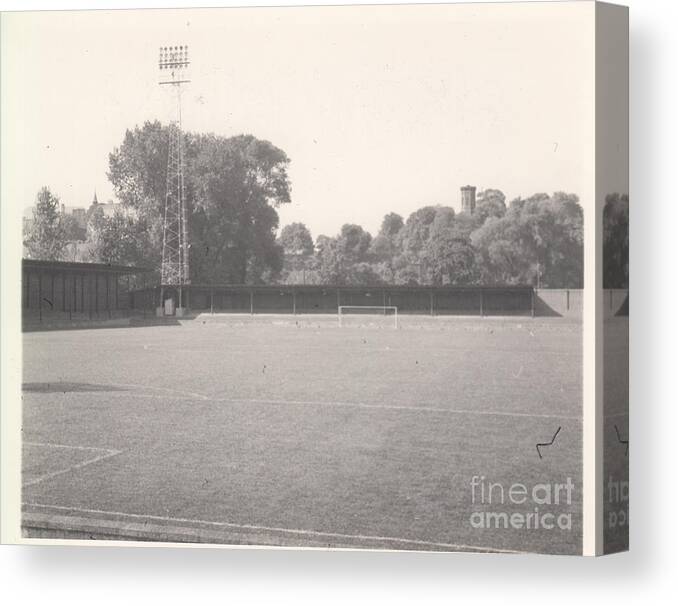  Canvas Print featuring the photograph Shrewsbury - Gay Meadow - Station End 2 - BW - March 1970 by Legendary Football Grounds