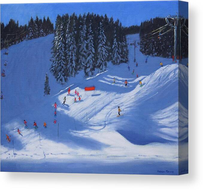 Snow Canvas Print featuring the painting Ski school Morzine by Andrew Macara