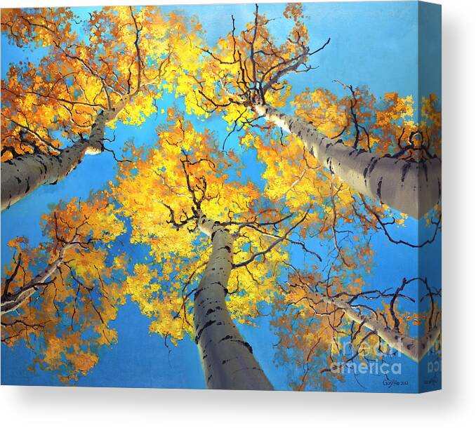 Aspen Trees Birch Gary Kim Oil Print Art Nature Scenes Hospital Healing Environment Patient Santa Fe Fall Trees Autumn Season Beautiful Beauty Yellow Red Orange Fall Leaves Foliage Autumn Leaf Color Mountain Oil Painting Original Art Horizontal Landscape National Park America Morning Nature Wallpaper Outdoor Panoramic Peaceful Scenic Sky Sun Travel Vacation View Season Bright Autumn National Park America Clouds Landscape Natural New Painting Oil Original Vibrant Texture Reflections Bluesky Canvas Print featuring the painting Sky High Aspen Trees by Gary Kim