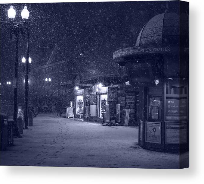Harvard Canvas Print featuring the photograph Snowfall in Harvard Square Cambridge MA Kiosk Monochrome Blue by Toby McGuire