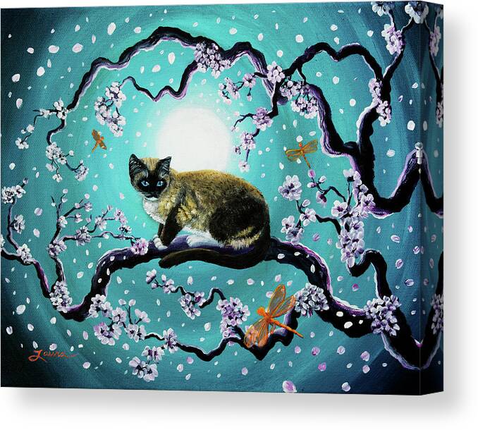 Siamese Canvas Print featuring the painting Snowshoe Cat and Dragonfly in Sakura by Laura Iverson