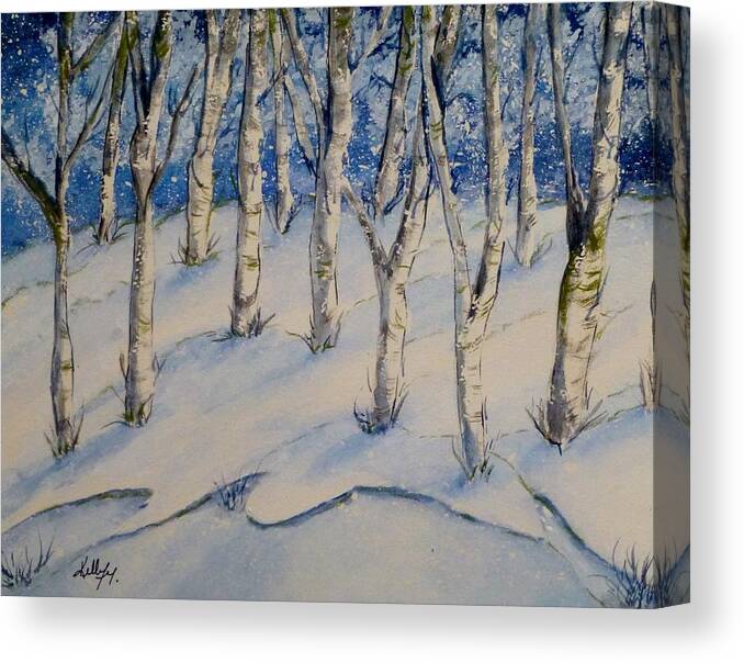 Birch Trees Canvas Print featuring the painting Snowy Birch Trees by Kelly Mills