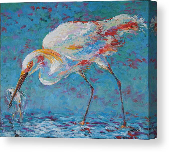 Bird Canvas Print featuring the painting Snowy Egret's Prized Catch by Jyotika Shroff