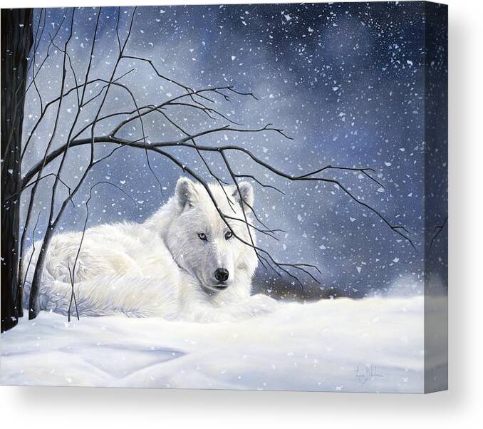 Wolf Canvas Print featuring the painting Snowy by Lucie Bilodeau
