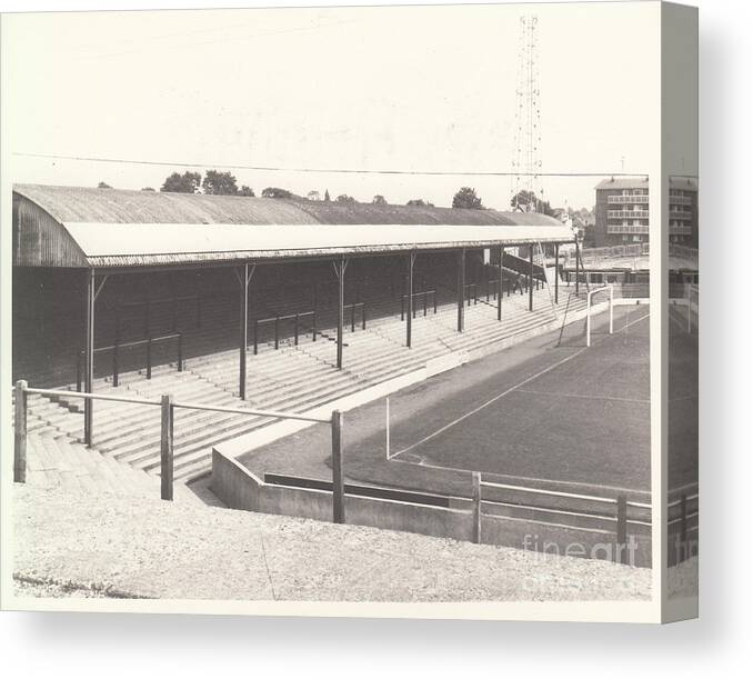  Canvas Print featuring the photograph Southend United - Roots Hall - North Stand 1 - BW - 1960s by Legendary Football Grounds