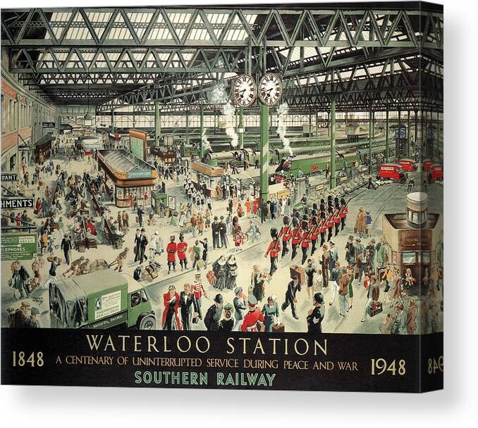 Southern Railway Canvas Print featuring the mixed media Southern Railway - Waterloo Station, Canada - Retro travel Poster - Vintage Poster by Studio Grafiikka