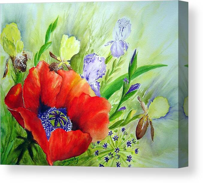 Poppy Iris Floral Painting Canvas Print featuring the painting Spring Splendor by Jo Smoley