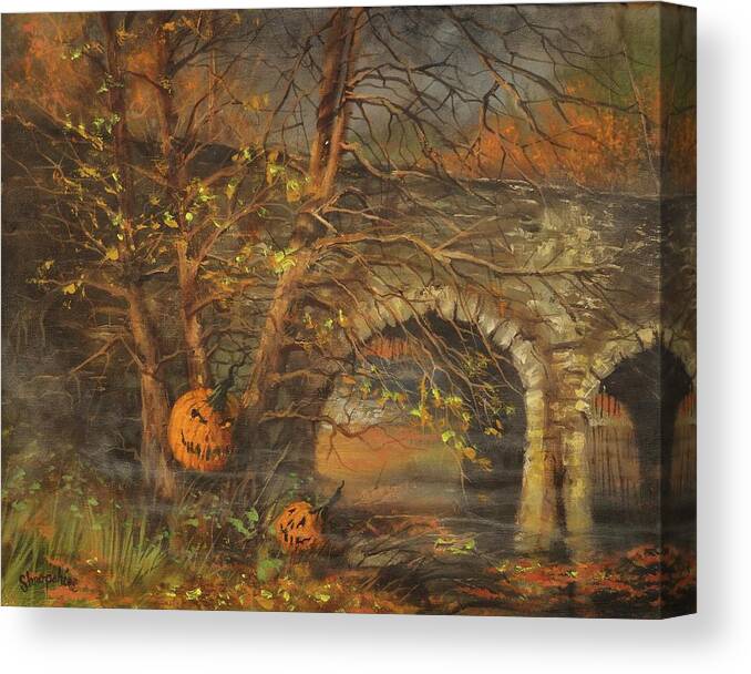 Halloween Canvas Print featuring the painting Stone Bridge and Wicked Laughter by Tom Shropshire