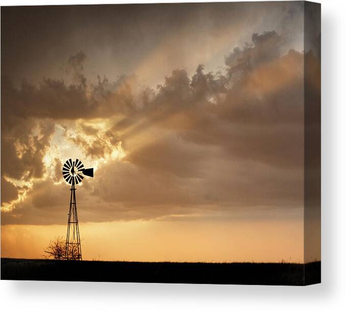 Kansas Canvas Print featuring the photograph Stormy Sunset and Windmill 03 by Rob Graham