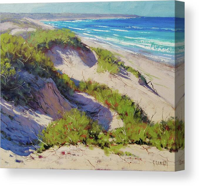 Beach Scene Canvas Print featuring the painting Sunlit Dunes Norah Head nsw Australia by Graham Gercken