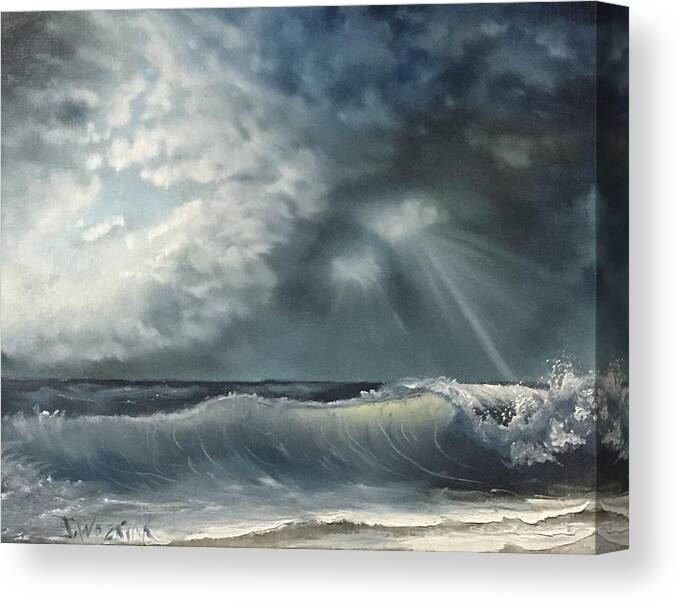 Sea Wave Ocean Water Sky Storm Beach Landscape Canvas Print featuring the painting Sunlit sea by Justin Wozniak
