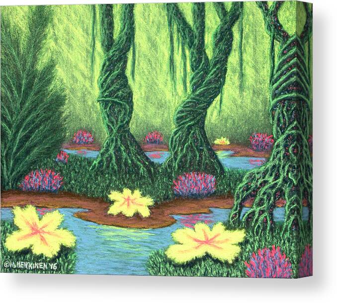 #swamp #things #trees #water #mist #light #plants #flowers #fantasy #scenic #chalk #pastel #landscape Canvas Print featuring the pastel Swamp Things 02, Diptych Panel A by Michael Heikkinen