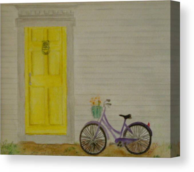 Bike Vintage Bicycle Flowers Basket House Home Vacation Door Knocker Yellow Cedar Siding Molding Purple Seaside Cape Cod Canvas Print featuring the painting Taking A Break by Colleen Casner