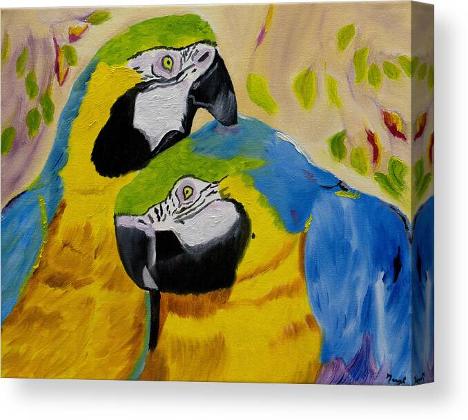 Blue And Yellow Macaws Canvas Print featuring the painting Tender Birdsong by Meryl Goudey
