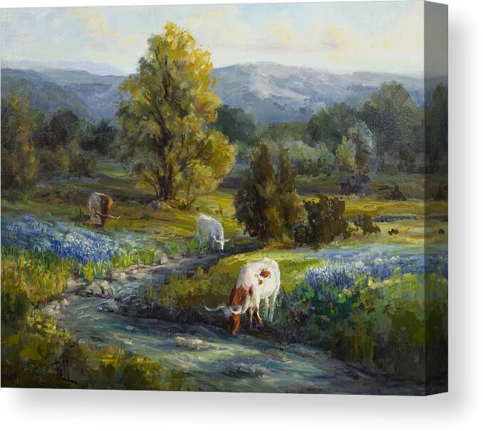 Bluebonnets Canvas Print featuring the painting Texas Bluebonnets And Longhorns by Lilli Pell