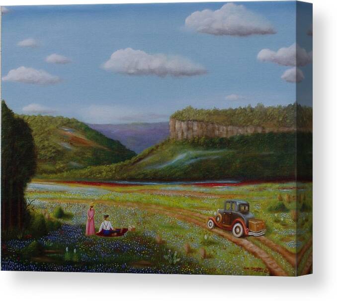 Landscape Of Blue Bonnets Canvas Print featuring the painting Texas travelers GiClee by Gene Gregory