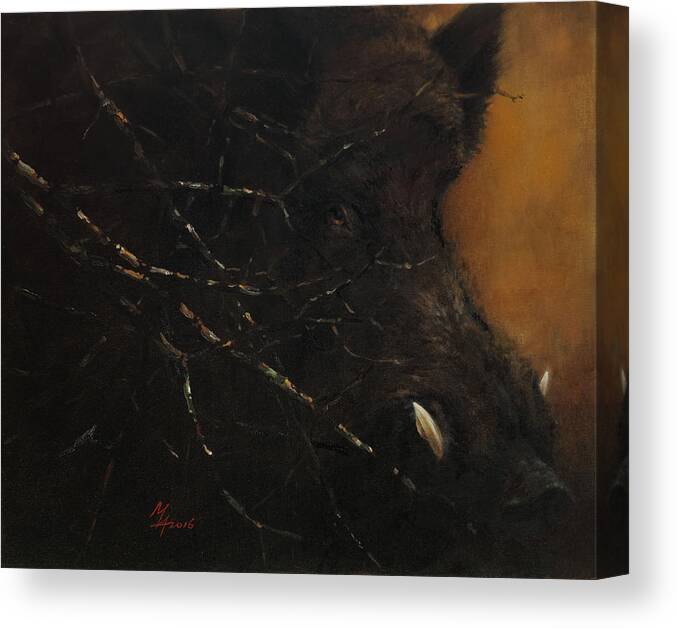 Boar Canvas Print featuring the painting The Black Wildboar by Attila Meszlenyi