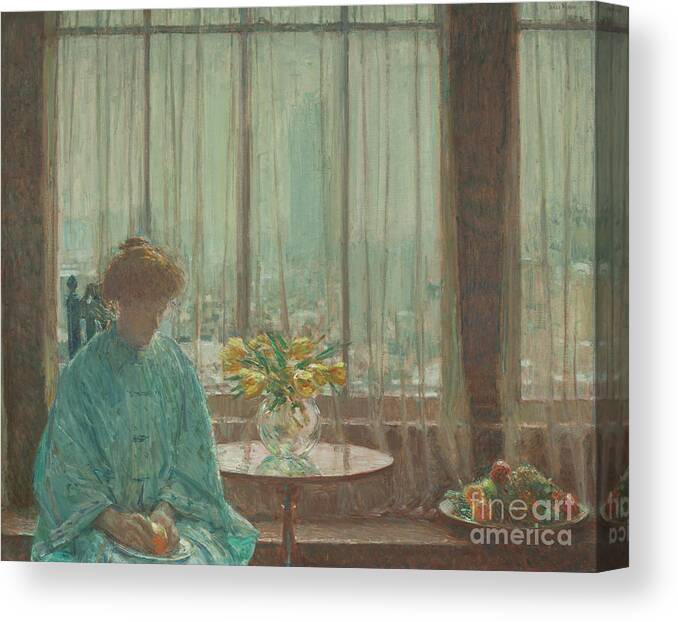 The Breakfast Room Canvas Print featuring the painting The Breakfast Room, Winter Morning, 1911 by Childe Hassam