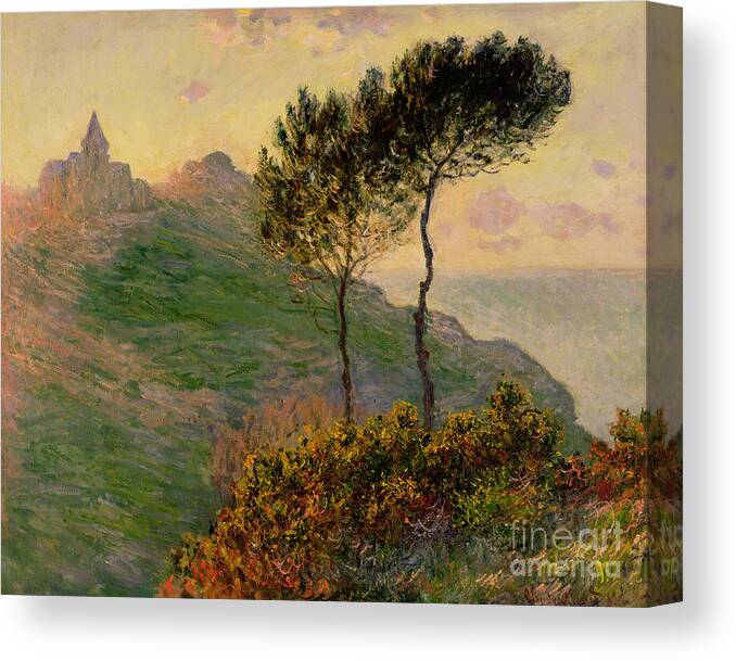 The Church At Varengeville Canvas Print featuring the painting The Church at Varengeville against the Sunlight by Claude Monet