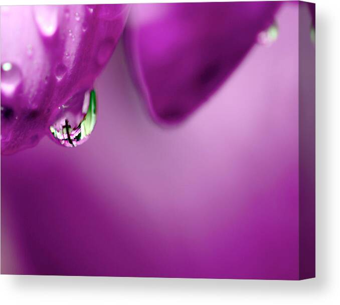 Cross Canvas Print featuring the photograph The Cross in Reflective Purple Water Drop by Laura Mountainspring