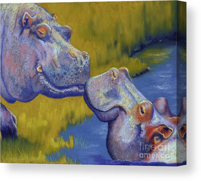 Africa Canvas Print featuring the pastel The Kiss - Hippos by Tracy L Teeter