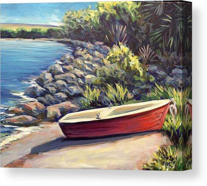 Red Canvas Print featuring the painting The Little Red Boat by Gretchen Ten Eyck Hunt