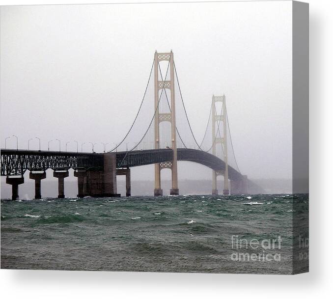 Mackinaw Bridge Canvas Print featuring the photograph The Mighty Mackinaw Bridge Stands Strong by Scott Heister