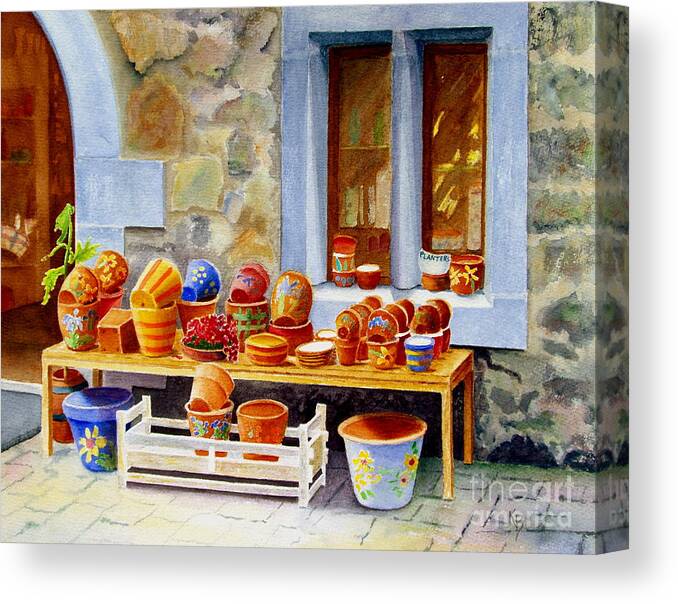Shop Canvas Print featuring the painting The Pottery Shop by Karen Fleschler
