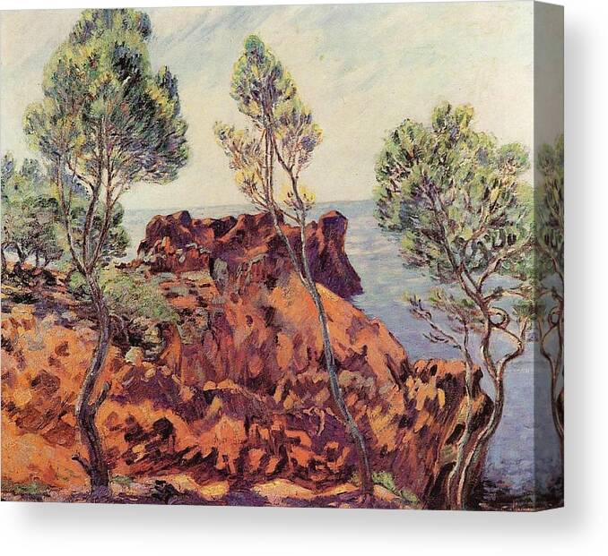 Agay - The Red Rocks Canvas Print featuring the painting the Red Rocks by Armand Guillaumin