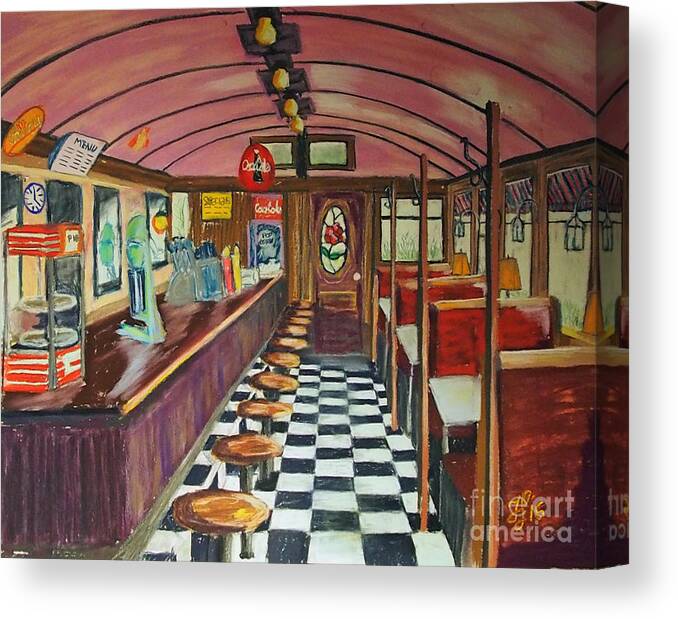 #americana #diner #silverlakerailroad Canvas Print featuring the painting The Rose Diner by Francois Lamothe