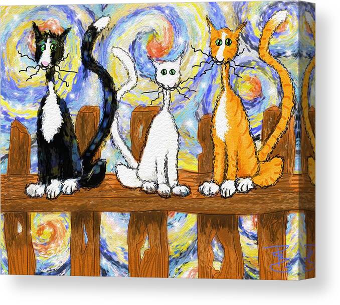 Cats Canvas Print featuring the digital art Three cats on a fence by Debra Baldwin