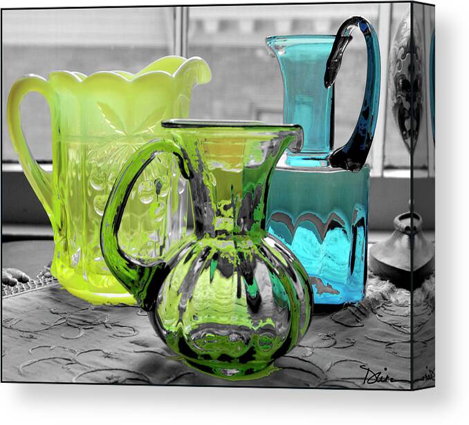 Depression Glass Canvas Print featuring the photograph Three Pitchers by Peggy Dietz