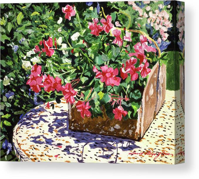 Still Life Canvas Print featuring the painting Tin Flower Box On Wicker Table by David Lloyd Glover