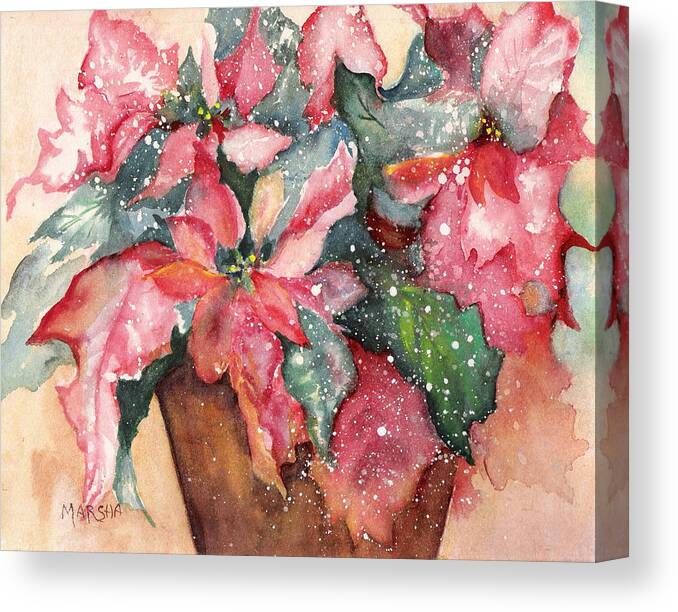 Poinsettia Red Green Holiday Winter Christmas Plant Flower Canvas Print featuring the painting 'Tis the Season by Marsha Woods
