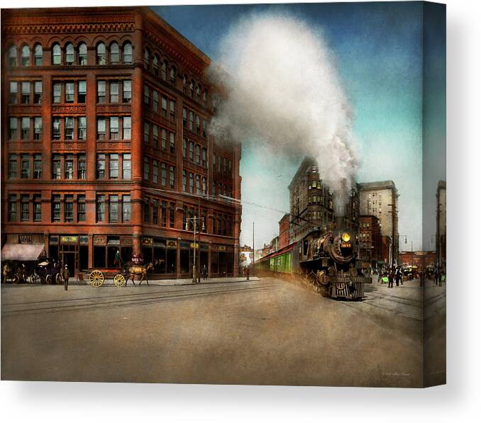 Right On Time Canvas Print featuring the photograph Train - Respect the train 1905 by Mike Savad