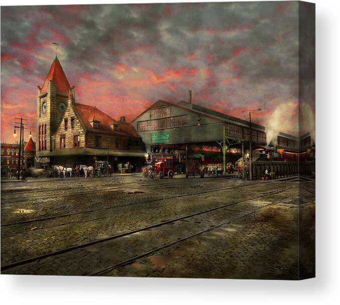Train Station Canvas Print featuring the photograph Train Station - NY Central Railroad depot 1905 by Mike Savad