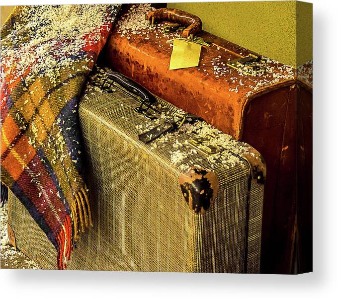 Suitcases Canvas Print featuring the photograph Traveling Vintage Bags Blanket and Snow by Julie Palencia