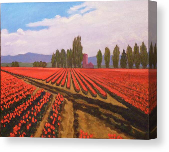 Landscape Canvas Print featuring the painting Tulip Farm by Stan Chraminski