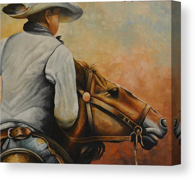 A Oil Painting Of A Cowboy Turning His Horse Around To Head Home. The Cowboy Has A Hat On With A Feather In The Hat Ban. He Is Wearing A Grey Vest With A Blue Shirt. He Is Also Wearing Blue Jeans With A Pair Of Leather Chaps. He Is Turning His Horse Around To Head Back To His Ranch. Canvas Print featuring the painting Turning Around by Martin Schmidt