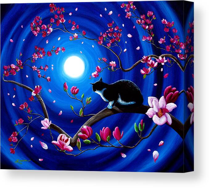 Tuxedo Canvas Print featuring the painting Tuxedo Cat in a Japanese Magnolia Tree by Laura Iverson