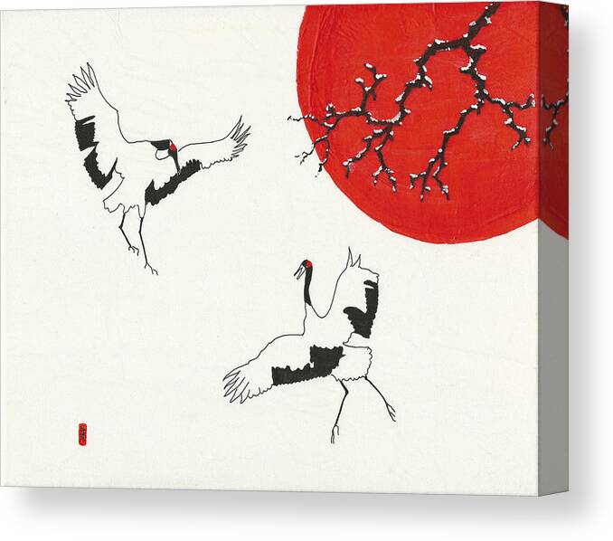  Canvas Print featuring the mixed media Two Dancing Cranes by Stephanie Grant
