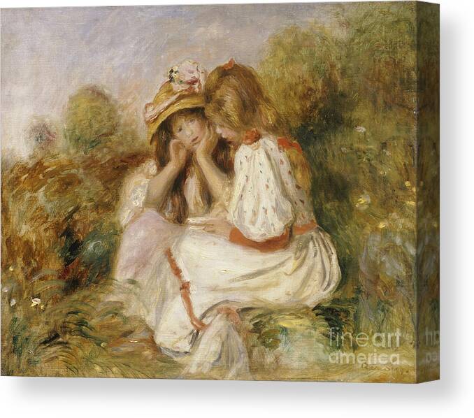 Portrait; Female; Seated; Impressionist; Impressionism; Outdoors Canvas Print featuring the painting Two Girls by Renoir by Pierre Auguste Renoir