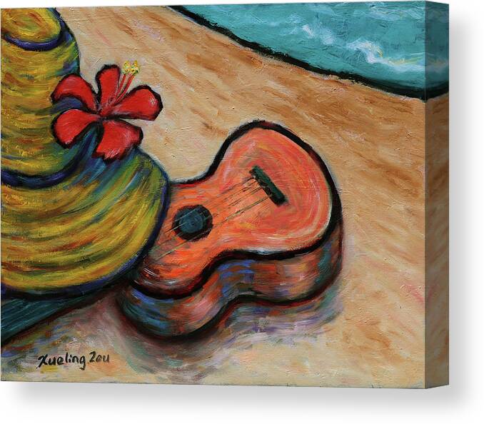 Hawaii Canvas Print featuring the painting Ukulele and Hibiscus Flower on a Hawaii Beach by Xueling Zou