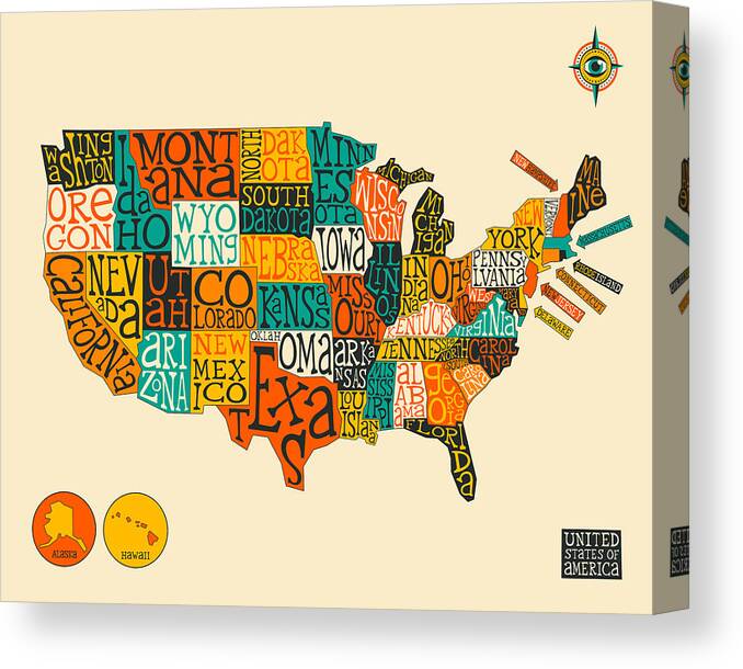 United States Map Canvas Print featuring the digital art United States Map Typography by Jazzberry Blue
