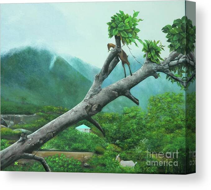 Jamaica Art Canvas Print featuring the painting Unu Neva Si Goat Ina Tree by Kenneth Harris