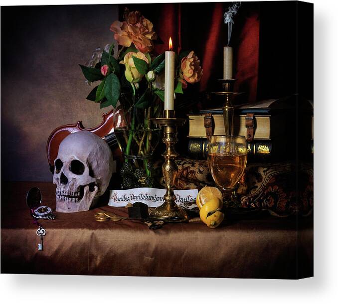 Dutch Golden Age Canvas Print featuring the photograph Vanitas with Books-Candles-Roemers-Bouquet by Levin Rodriguez