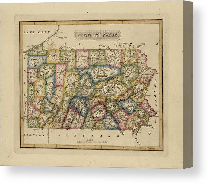 19th Century Canvas Print featuring the painting Antique Map of Pennsylvania by Fielding Lucas